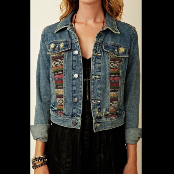 Free People Jackets & Blazers - Free People Aztec Baja Print Blue Multicolor Jean Denim Jacket